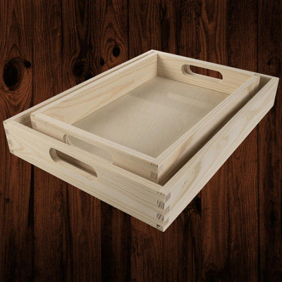 Woodeedoo Set Of 2 Nesting Wooden Serving Trays With Handles Unfinished Pine Small And Medium Size For Snacks Drinks Display Use from B&Q