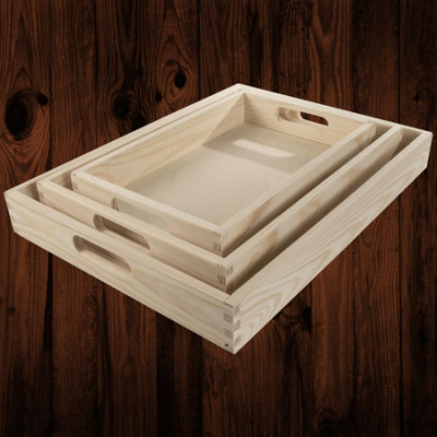 Woodeedoo Set Of 3 Nesting Wooden Serving Trays With Handles Unfinished Pine For Serving Snacks Drinks Tea Coffee Candle Display from B&Q