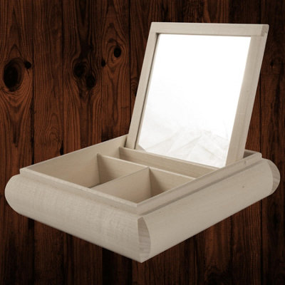 B&Q - Wwoodeedoo Wooden Shallow Mirrored Jewellery Trinkets Cosmetics Organiser Box With Compartments Unfinished Wood 20 X 20 X 5 Cm