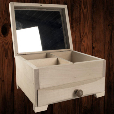 Woodeedoo Wooden Mirrored Jewellery Box With Drawer Compartments Unfinished Craft Trinkets Cosmetics Organiser 17 X 16.5 X 11.5 Cm from B&Q