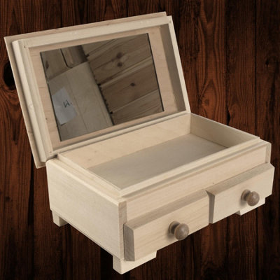 Woodeedoo Wooden Mirrored Jewellery Box With 2 Drawers Compartments Unfinished Craft Vanity Trinkets Organiser 22.5 X 14.5 X 10 Cm from B&Q