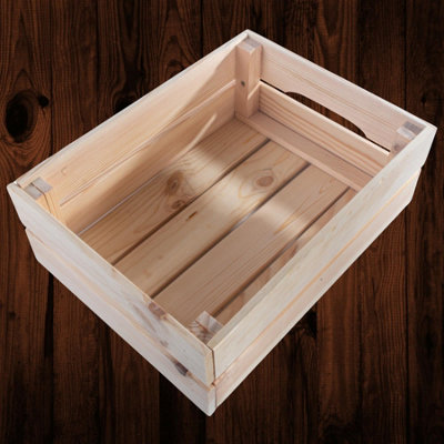 Woodeedoo Shallow Wooden Crate Strong Stackable Slatted Pine Fruit Box Display Rustic Unfinished Storage Organiser 39.5X29.5X15Cm from B&Q