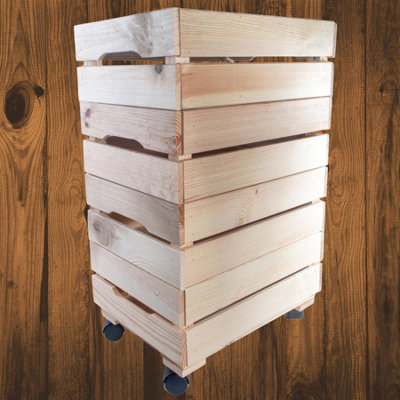 Woodeedoo 4-Tier Shallow Wooden Crate With Wheels Stackable Pine Storage Box Rustic Unfinished Treasures Organiser 39.5X29.5X65Cm from B&Q