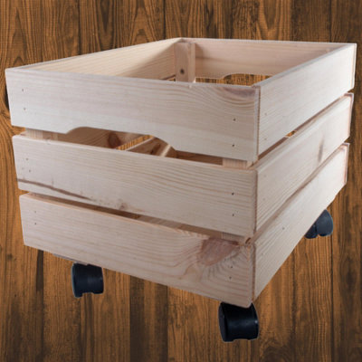 Woodeedoo Deep Wooden Crate With Wheels Stackable Pine Storage Box Rustic Unfinished Container Tools Organiser 39.5X29.5X28.5Cm from B&Q