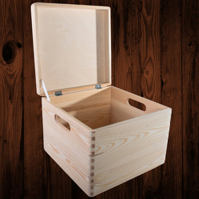 WooDeeDoo Square Deep Wooden Storage Box with Hinged Lid and Cut-Out Handles – Plain Pine Craft Keepsake Chest – Unpainted Decorative Crate 9L - Container for Home Organisation – 30 x 30 x 23 cm - Image 3
