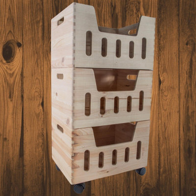 B&Q -  3 Tier Wooden Storage Box Set With Wheels Lightweight Open Crates For Home Organisation 39 X 30 X 74 Cm