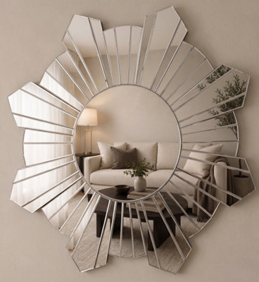 Deenz Contemporary Large Round Sunburst Wall Mirror 65Cm Silver Round Mirror Home Living Decor Gift New from B&Q