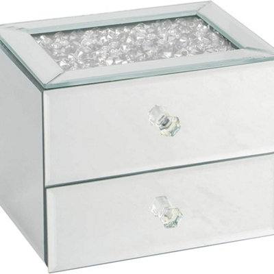 Deenz Silver Crushed Diamante Mirrored Glass Jewellery Box Eye Catching Design Black Velvet Inlay Trinket Storage (Two Drawer) from B&Q
