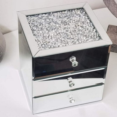 Deenz Silver Crushed Diamante Mirrored Glass Jewellery Box Black Velvet Inlay Trinket Storage ( Three  Drawer ) from B&Q