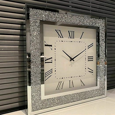 DEENZ Square Diamante Wall Clock Elegant Luxury Crystal Mirror Crushed Jewel from B&Q