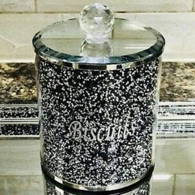 Deenz Diamond Crushed Biscuit Cookies Canister Kitchen Container Storage Jar Silver Trimmings Crystal Filled (Silver/black) from B&Q