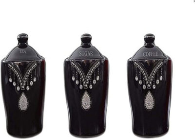 Deenz Tea Sugar Coffee Canister Jar Storage Set Of 3 With Sparkling Crystal Diamante Elements (Black) from B&Q