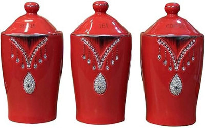Deenz Tea Sugar Coffee Canister Jar Storage Set Of 3 With Sparkling Crystal Diamante Elements (Red) from B&Q