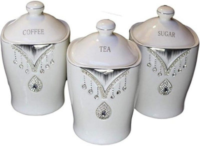 Deenz Tea Sugar Coffee Canister Jar Storage Set Of 3 With Sparkling Crystal Diamante Elements (White) from B&Q
