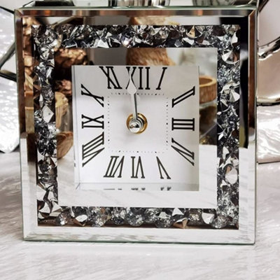 Deenz Loose Diamante Desk Clock Diamond Crystal Mirror Crushed Jewel Table Nearly Silent Home Office-15X15Cm Silver from B&Q