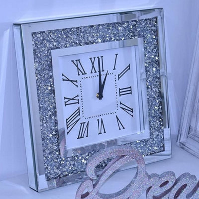 B&Q -  Loose Diamante Silent  Elegant Diamond Crystal Mirror Crushed Jewel Roman Wall Clock Silent -35X35Cm Silver
