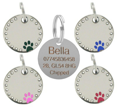 LarryRoo Personalised Engraved 30mm Diamante Paw Pet Tag Dog Cat Pet Tag Id Collar Tags (Red) from B&Q