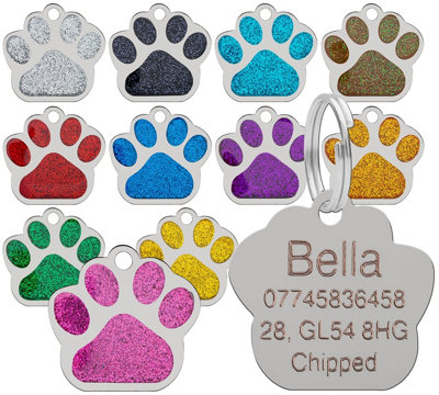 LarryRoo Dog Cat Pet Tag Id Collar Tags Personalised Engraved 27mm Glitter Paw Print (Silver) from B&Q