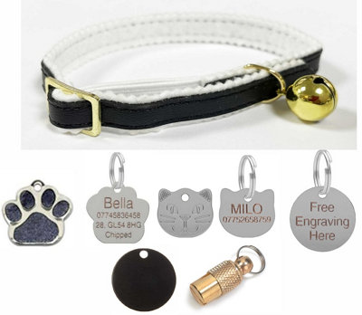 LarryRoo Cat/kitten Leather Collar With Safety ElasticBell With Optional Personalised Tag (BlackMetal Id Tube) from B&Q