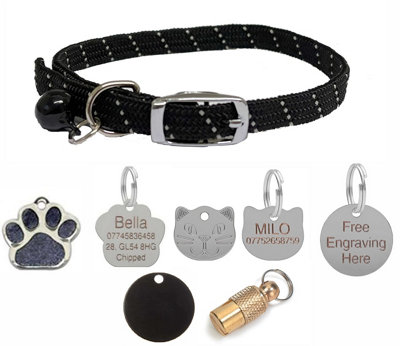 LarryRoo Cat/kitten Reflective Softweave Collar With Safety ElasticBell With Optional Personalised Tag (BlackNo Tag) from B&Q