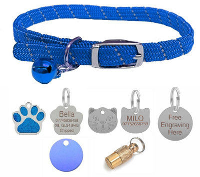 LarryRoo Cat/kitten Reflective Softweave Collar With Safety ElasticBell With Optional Personalised Tag (Blue22mm Cat Face Tag) from B&Q