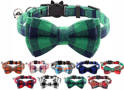 LarryRoo Cat Collar With Bell And Bow TieQuick Release Safety Buckle Collars For Kitten And CatsSoft Tartan Design (Green & Blue) from B&Q