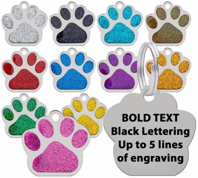 LarryRoo Dog Cat Pet Tag Id Collar Tags Personalised Black Bold Lettering Engraved 27mm With Glitter Paw Print (Yellow) from B&Q