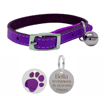 B&Q -  Genuine Leather Cat Collar With Safety Elastic & Bell With Personalised Engraved 25mm Glitter Paw Print Tag (Purple)