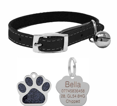 B&Q -  Genuine Leather Cat Collar With Safety Elastic & Bell With Personalised Engraved 27mm Glitter Paw Print Shape Tag (Black)