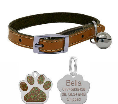 B&Q -  Genuine Leather Cat Collar With Safety Elastic & Bell With Personalised Engraved 27mm Glitter Paw Print Shape Tag (Brown)