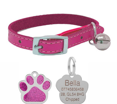 B&Q -  Genuine Leather Cat Collar With Safety Elastic & Bell With Personalised Engraved 27mm Glitter Paw Print Shape Tag (Pink)
