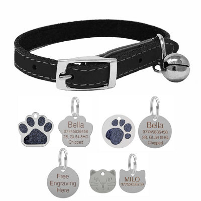 B&Q -  Genuine Leather Cat Collar With Safety Elastic & Bell With Optional Personalised Engraved Tag (Black25mm Plain Nickel Tag)