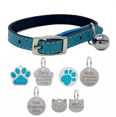 B&Q -  Genuine Leather Cat Collar With Safety Elastic & Bell With Optional Personalised Engraved Tag (BlueNo TagOnly Collar)