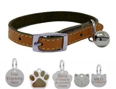 B&Q -  Genuine Leather Cat Collar With Safety Elastic & Bell With Optional Personalised Engraved Tag (Brown25mm Plain Nickel Tag)