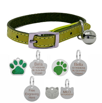 B&Q -  Genuine Leather Cat Collar With Safety Elastic & Bell With Optional Personalised Engraved Tag (Green22mm Cat Face Tag)