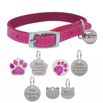 B&Q -  Genuine Leather Cat Collar With Safety Elastic & Bell With Optional Personalised Engraved Tag (Pink25mm Glitter Paw Tag)