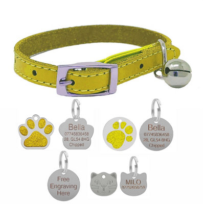 B&Q -  Genuine Leather Cat Collar With Safety Elastic & Bell With Optional Personalised Engraved Tag (Yellow27mm Glitter Paw Shaped