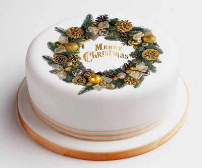LarryRoo Vintage Traditional Style Gold Poinsettia Christmas Wreath 7" Pre Cut On Decor Icing Sheet Edible Cake TopperPerfect For from B&Q