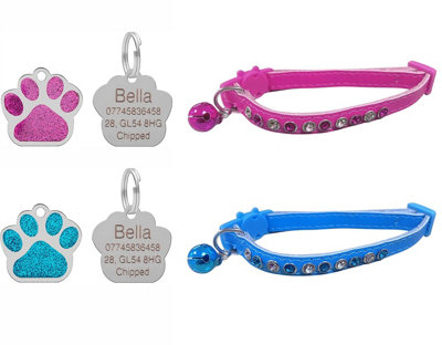 LarryRoo Cute Leather Cat Collar With Sparkly Bling Diamond Effect StonesQuick ReleaseBell & Personalised Engraved 27mm Glitter Paw from B&Q