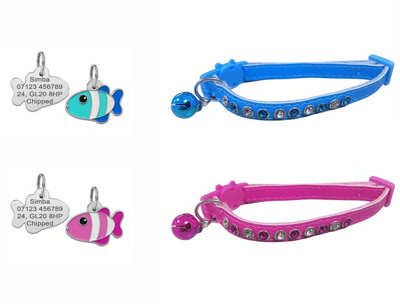 LarryRoo Cute Leather Cat Collar With Sparkly Bling Diamond Effect StonesQuick ReleaseBell & Personalised Engraved 27mm Fish Shaped Id from B&Q