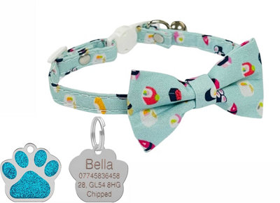LarryRoo Cute Sushi Cat Collar In Mint With Bow TieQuick Release Safety BuckleBell & Optional Personalised Engraved Tag (With Paw from B&Q