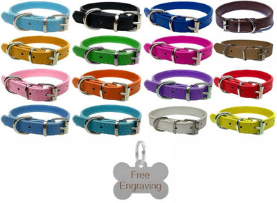 LarryRoo Vibrant Leather Dog Collar For PuppyDogs SmallMedium & Large With Personalised Engraved Silver Bone Shaped Tag from B&Q