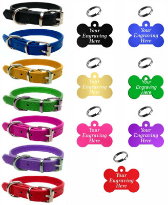 LarryRoo Vibrant Leather Dog Collar For PuppyDogs SmallMedium & Large With Personalised Engraved Colourful Bone Shaped Tag from B&Q