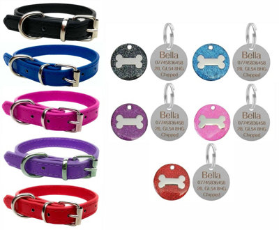 LarryRoo Vibrant Leather Dog Collar For PuppyDogs SmallMedium & Large With Personalised Engraved Round Glitter Bone Tag from B&Q