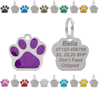 LarryRoo Personalised Engraved Dog Tag Cat Tag Id Tag For Pets Stainless Steel Glitter Paw Print Name Tags 27mm (Purple) from B&Q