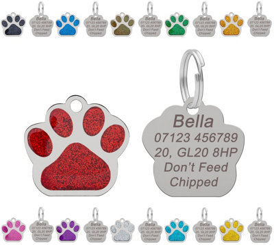 LarryRoo Personalised Engraved Dog Tag Cat Tag Id Tag For Pets Stainless Steel Glitter Paw Print Name Tags 27mm (Red) from B&Q