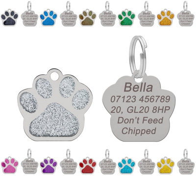 LarryRoo Personalised Engraved Dog Tag Cat Tag Id Tag For Pets Stainless Steel Glitter Paw Print Name Tags 27mm (Silver) from B&Q