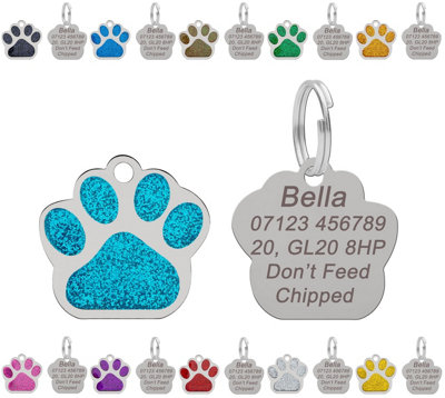 LarryRoo Personalised Engraved Dog Tag Cat Tag Id Tag For Pets Stainless Steel Glitter Paw Print Name Tags 27mm (Turquoise) from B&Q