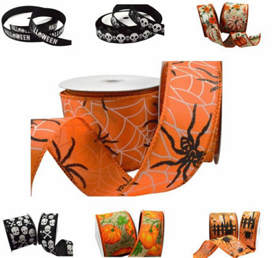 B&Q -  Happy Halloween Ribbon In A Range Of Spooky Designs & SizesFor Gift WrappingDecorationParty Etc (Orange With Spooky