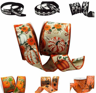 B&Q -  Happy Halloween Ribbon In A Range Of Spooky Designs & SizesFor Gift WrappingDecorationParty Etc (Autumn Pumpkin Design5